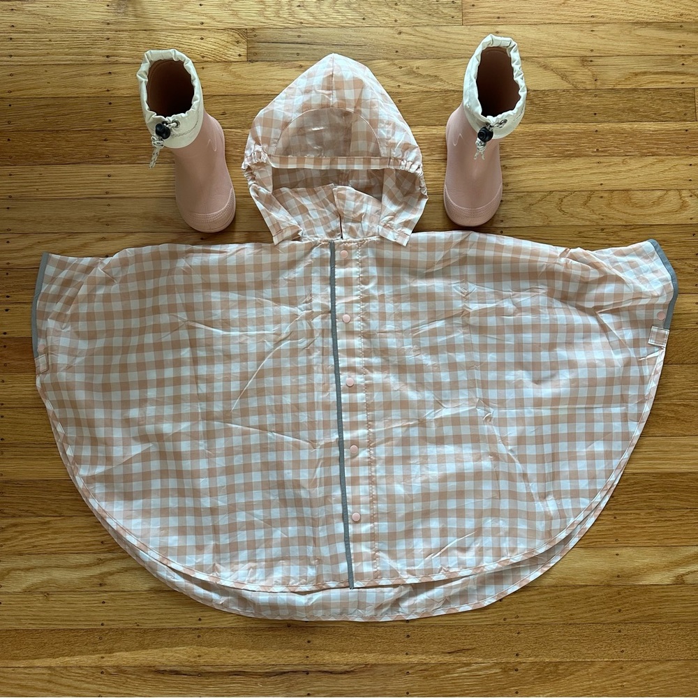 Muji Kids Pink Checkered Raincoat / Poncho & Rain Boots Set 3-5 Y